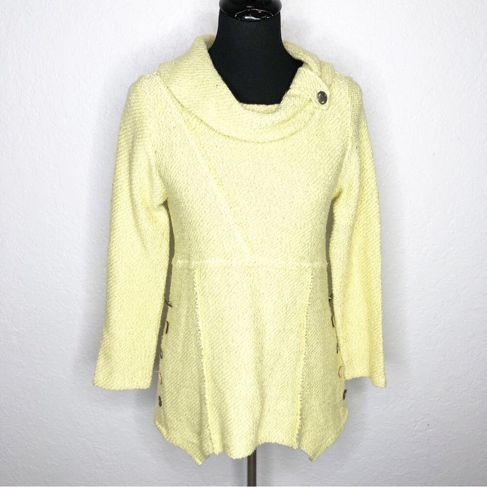 Soft Surroundings yellow textured knit asymmetrical cowl neck sweater Petite XS‎